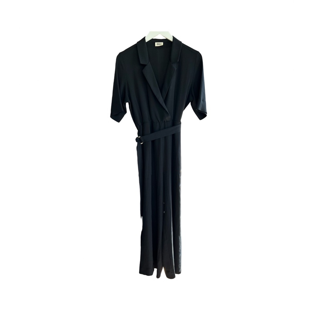 Elegant Black Cropped Jumpsuit Collar Short Sleeve Elastic Waist Belted EU38